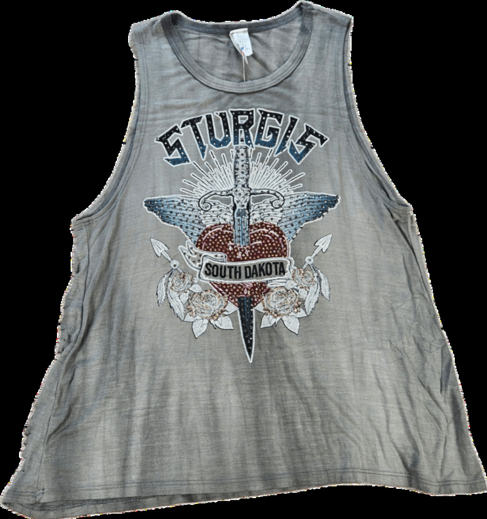 NEW BERTY WEAR Women's Gray Small Sturgis Graphic Sequin Distressed Tank Top